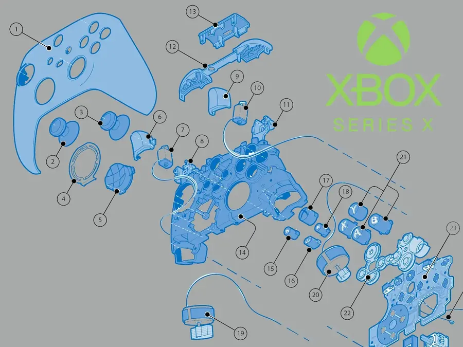 Exploded parts diagram of an Xbox Series X controller: component-level controller repair at Gaming Lab, Durban